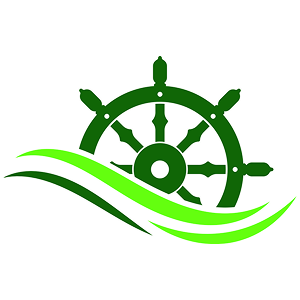 Ship wheel with graphical waves over it.