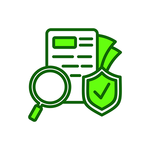 Magnifying glass and shield with checkmark on top of documents.