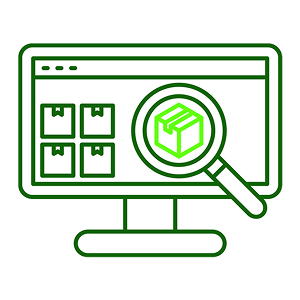Desktop computer showing a window with box icons, and a magnifying lens inspecting a package box.