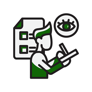Person checking a list, with icons of a file and an eye in the background.