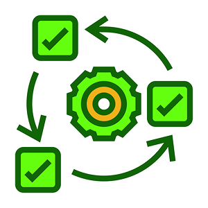 A cog icon surrounded by 3 checkbox icons in a circle, with arrows between them to signify a cycle.