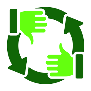 Arrows rotating in a circle and two hands in thumbs up & thumbs down form.