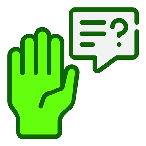 Hand raised and to its right a speech bubble with text and question inside it.