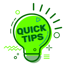 Text "quick tips" inside a lightbulb icon, surrounded by funky, sparkly shapes.