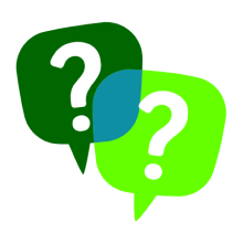 Two question marks inside speech bubbles, overlapping.